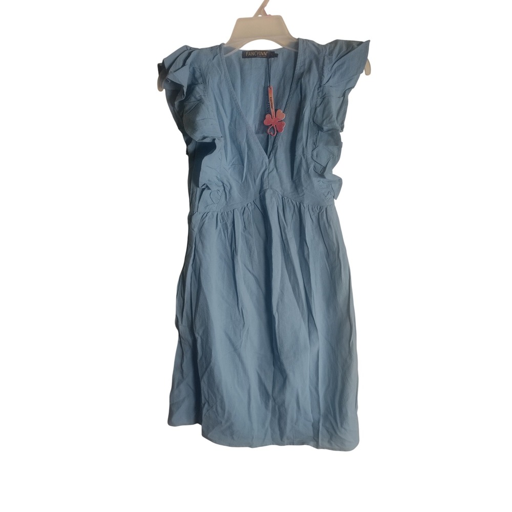 Fancyinn Light Blue Ruffle Sleeve V-Neck Mini Dress Cotton Blend Size XS NWT